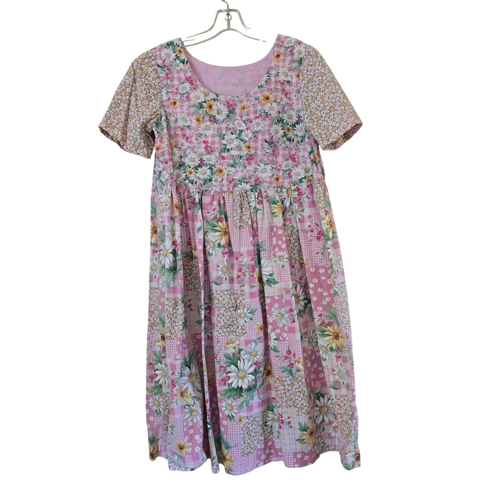 Vintage Style Floral Patchwork Gingham Pink Daisy Midi Dress Cottage Size Medium